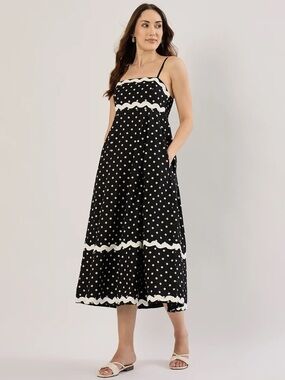 NWT Sim & Sam Midi Dress Ric Rac Polka Dot Poplin Dress White Trim